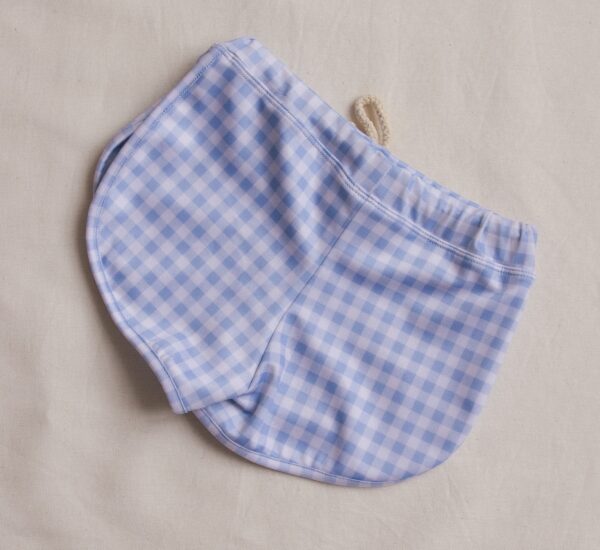 An Azure and Apricot Gingham - Mesa Trunks on a white surface.