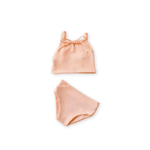 Sentence with Product Name: Luna Bikini - Peach Blossom neatly laid out on a white background.