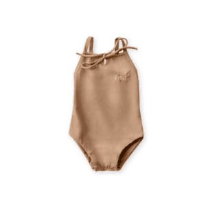 Aurelia One-Piece - Warm Pecan swimsuit with tie shoulders on a white background.
